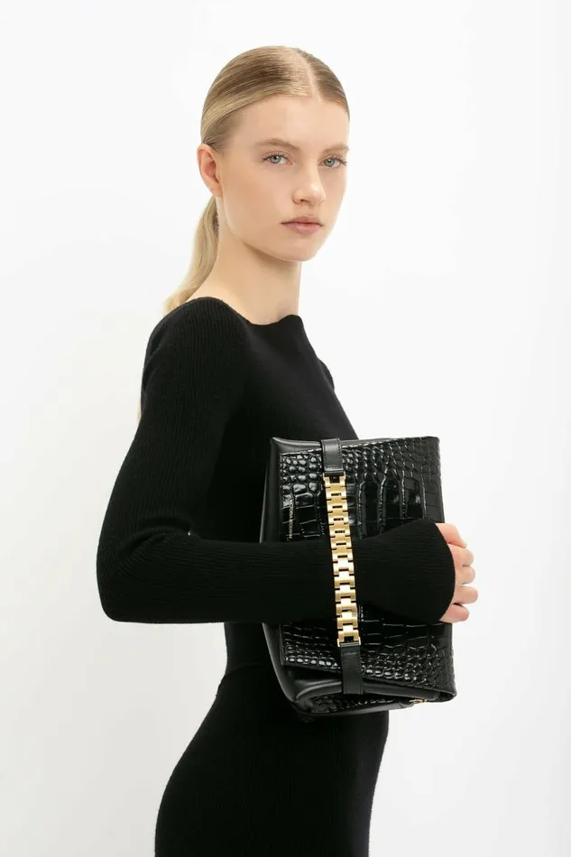 Women The Chain Pouch Victoria Beckham Chain Pouch With Strap In Black CrocEffect Leather