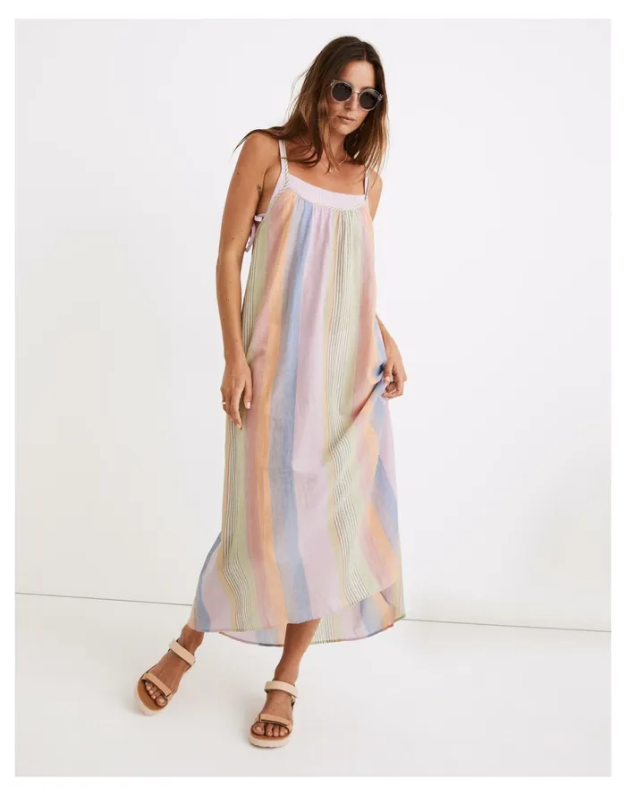 Women Tie Back Cover Up Maxi Dress In Rainbow Stripe Classic Lilac Madewell Swim