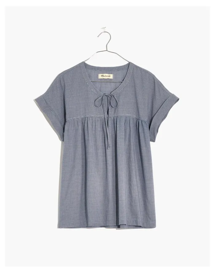Women Tie Front Popover Top In Mini Gingham Check Reese Gingham Madewell Tops and Shirts