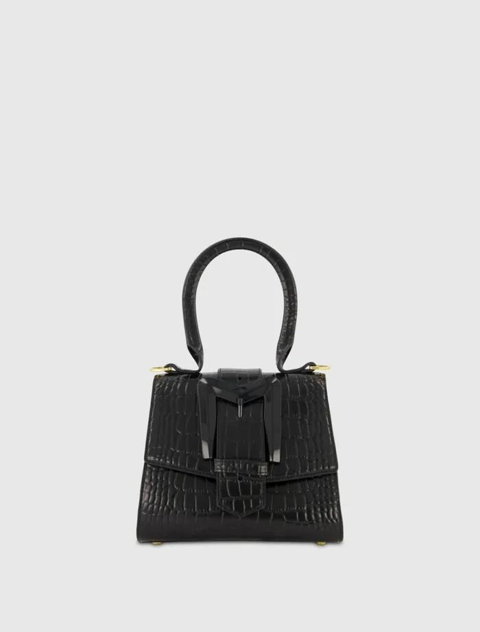 Women Top Handle Bags Mac Duggal Buckled Mini Croco Black Leather Handbag With Detachable Strap Black Women Top Handle Bags Mac Duggal Buckled Mini Croco Black Leather Handbag With Detachable Strap Black