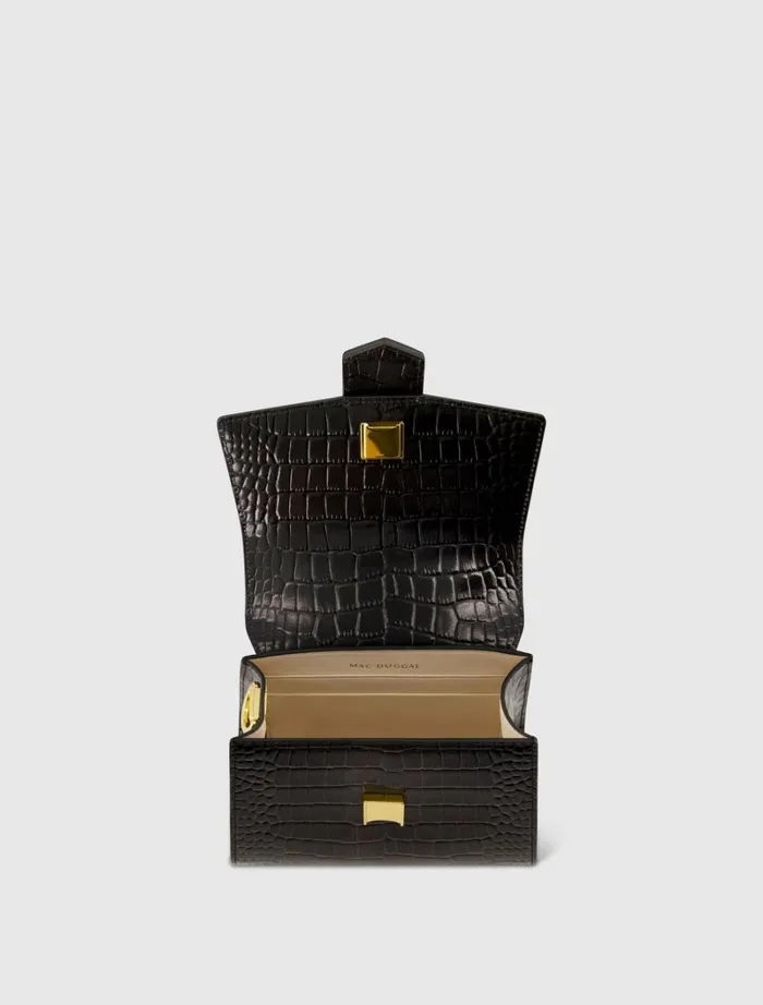 Women Top Handle Bags Mac Duggal Buckled Mini Croco Black Leather Handbag With Detachable Strap Black