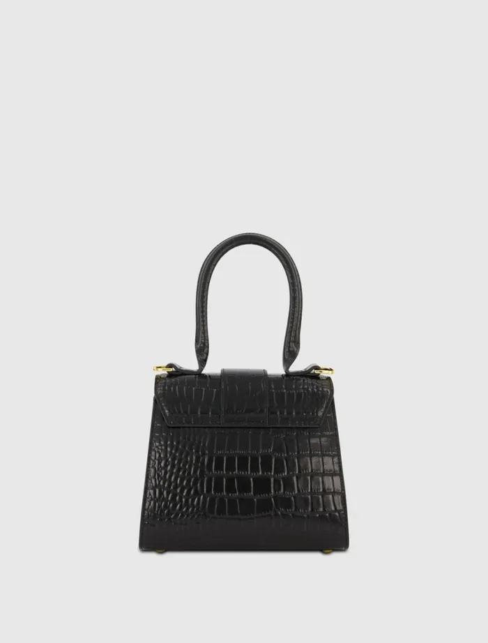 Women Top Handle Bags Mac Duggal Buckled Mini Croco Black Leather Handbag With Detachable Strap Black