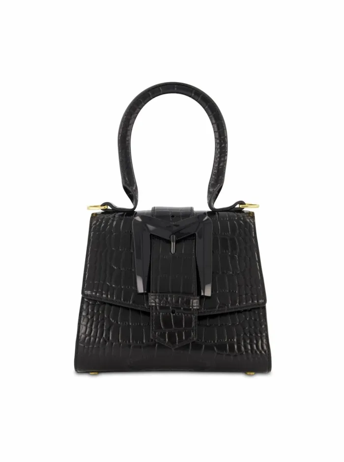 Women Top Handle Bags Mac Duggal Buckled Mini Croco Black Leather Handbag With Detachable Strap Black