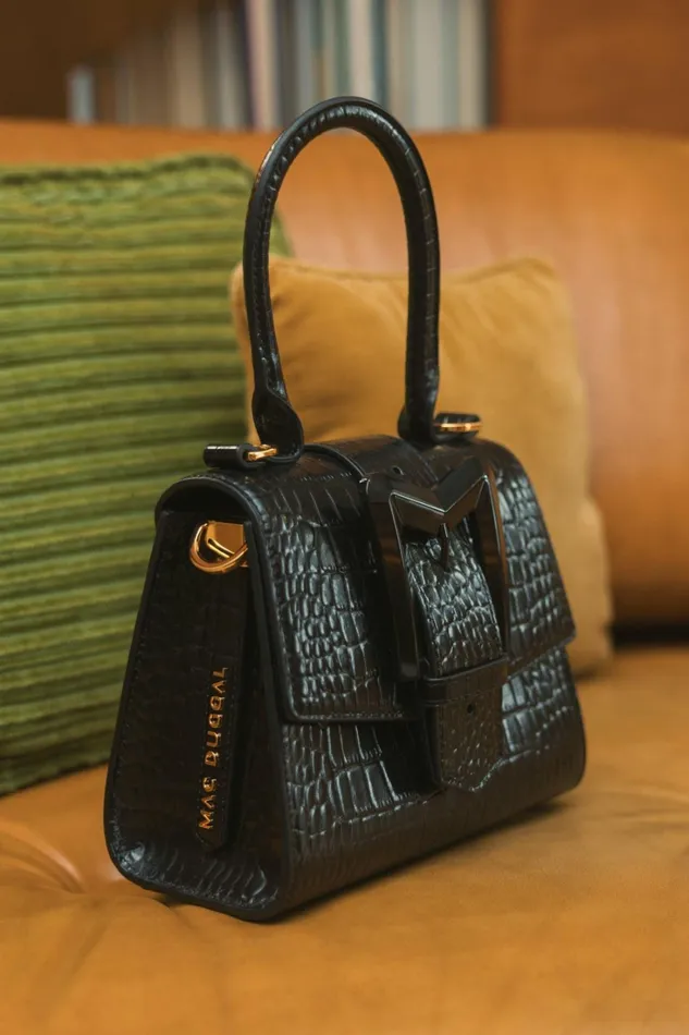 Women Top Handle Bags Mac Duggal Buckled Mini Croco Black Leather Handbag With Detachable Strap Black