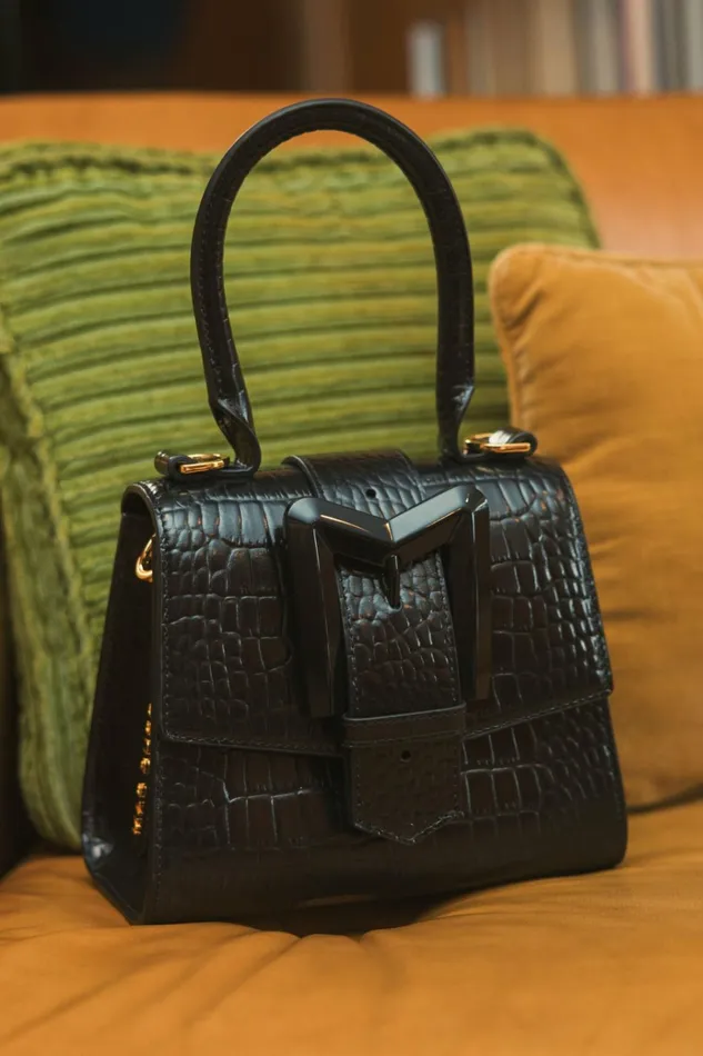 Women Top Handle Bags Mac Duggal Buckled Mini Croco Black Leather Handbag With Detachable Strap Black