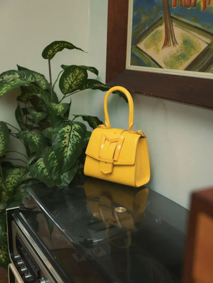 Women Top Handle Bags Mac Duggal Buckled Mini Croco Sunshine Leather Handbag With Detachable Strap Sunshine
