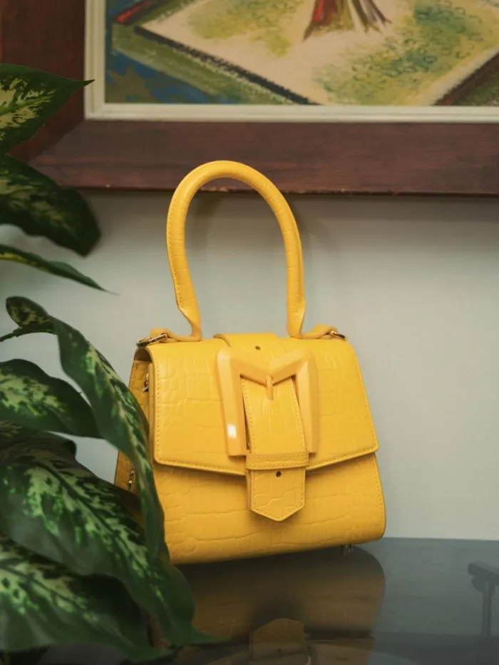 Women Top Handle Bags Mac Duggal Buckled Mini Croco Sunshine Leather Handbag With Detachable Strap Sunshine