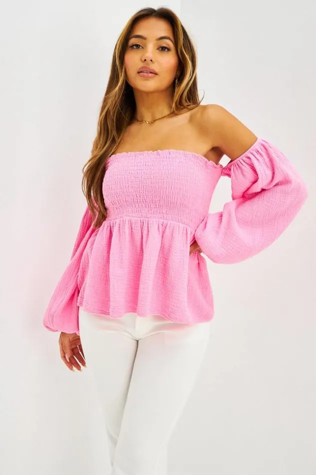 Women Top paules Dnudes Manches Ballon En Gaze De Coton Rose Pink Brentiny Paris Crop Tops
