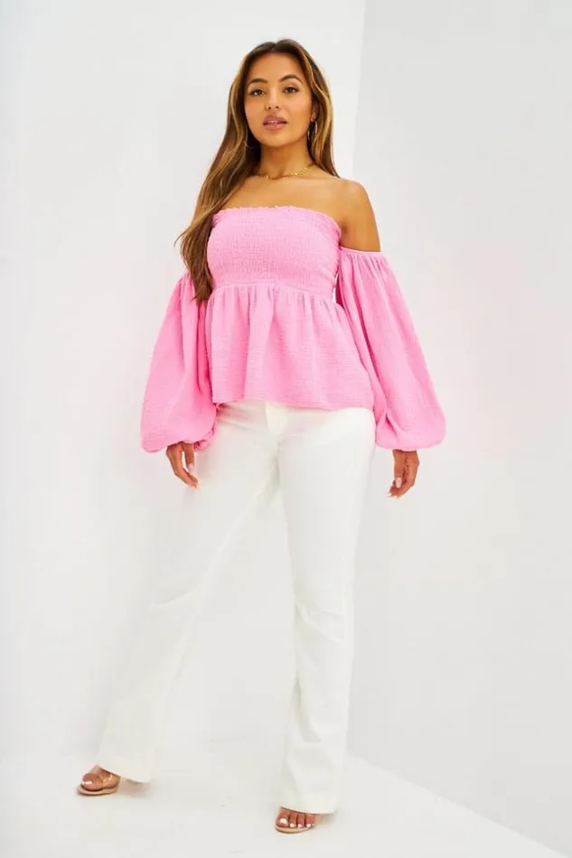 Women Top paules Dnudes Manches Ballon En Gaze De Coton Rose Pink Brentiny Paris Crop Tops Women Top paules Dnudes Manches Ballon En Gaze De Coton Rose Pink Brentiny Paris Crop Tops