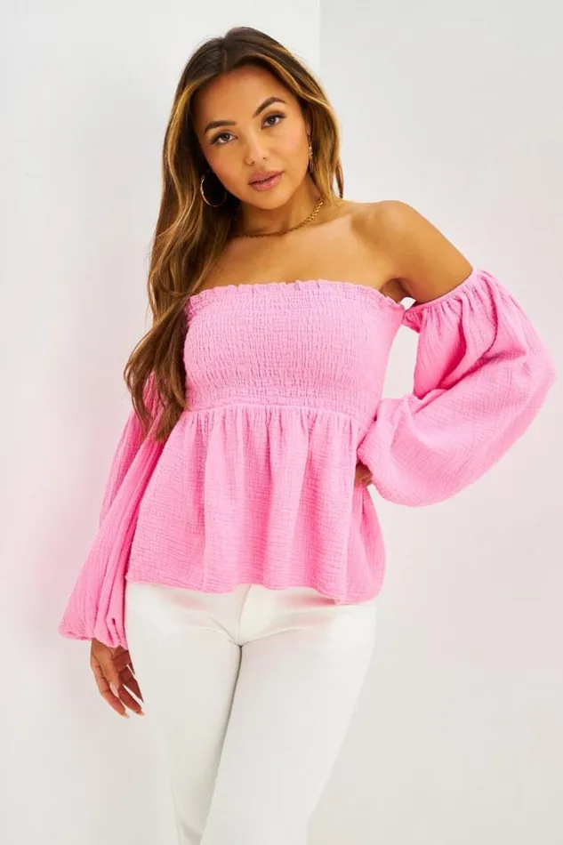 Women Top paules Dnudes Manches Ballon En Gaze De Coton Rose Pink Brentiny Paris Crop Tops Women Top paules Dnudes Manches Ballon En Gaze De Coton Rose Pink Brentiny Paris Crop Tops
