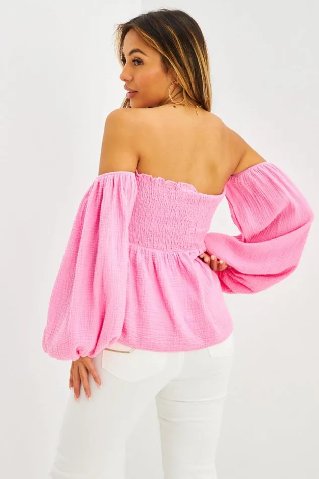 Women Top paules Dnudes Manches Ballon En Gaze De Coton Rose Pink Brentiny Paris Crop Tops Women Top paules Dnudes Manches Ballon En Gaze De Coton Rose Pink Brentiny Paris Crop Tops