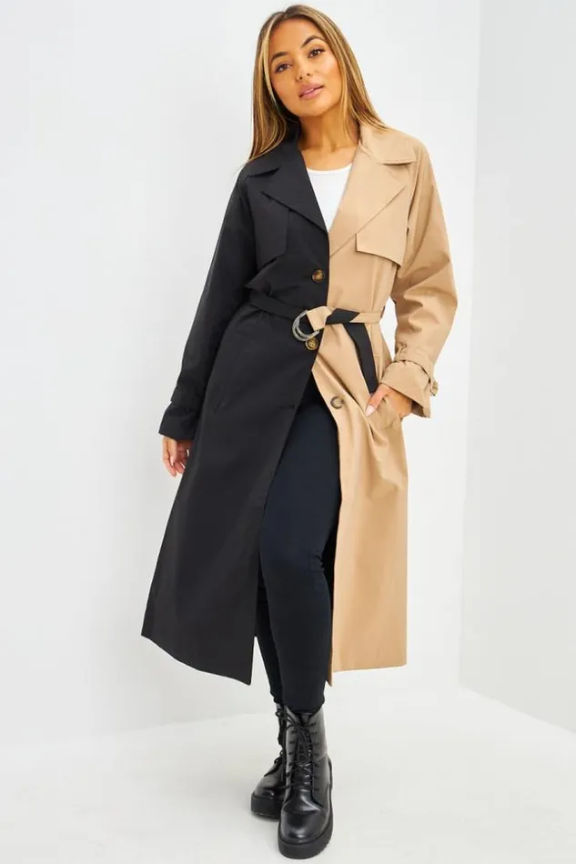 Women Trench Long Bicolore Noir Et Beige Fonc Black Brentiny Paris Jackets
