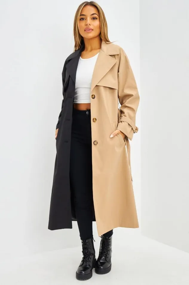 Women Trench Long Bicolore Noir Et Beige Fonc Black Brentiny Paris Jackets