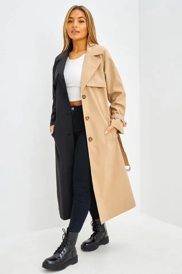Women Trench Long Bicolore Noir Et Beige Fonc Black Brentiny Paris Jackets
