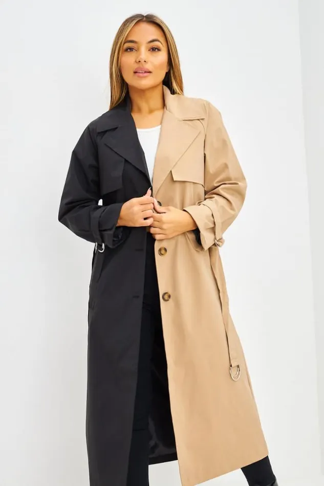 Women Trench Long Bicolore Noir Et Beige Fonc Black Brentiny Paris Jackets
