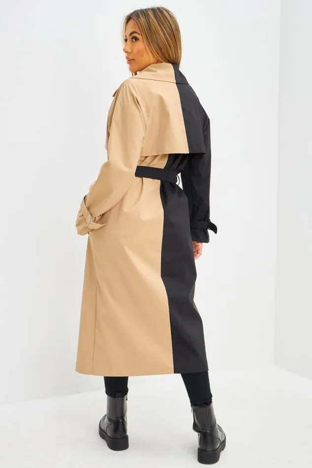 Women Trench Long Bicolore Noir Et Beige Fonc Black Brentiny Paris Jackets