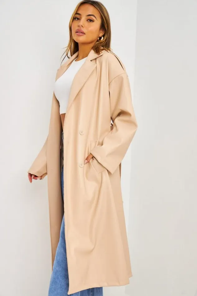 Women Trench Long En Simili Cuir Beige Beige Brentiny Paris Jackets