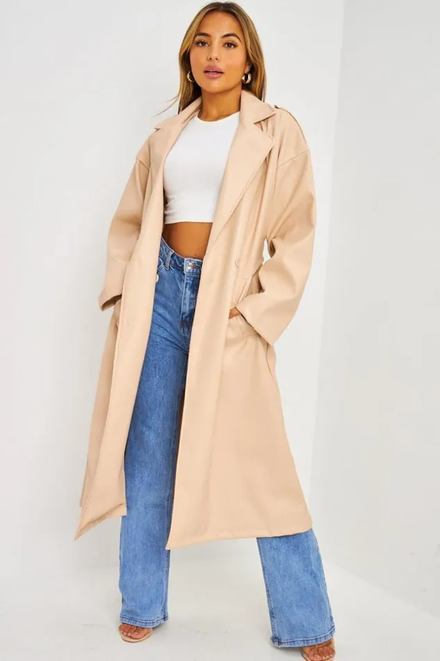Women Trench Long En Simili Cuir Beige Beige Brentiny Paris Jackets