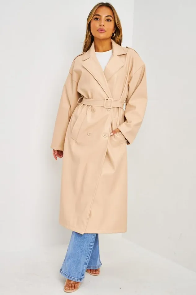 Women Trench Long En Simili Cuir Beige Beige Brentiny Paris Jackets
