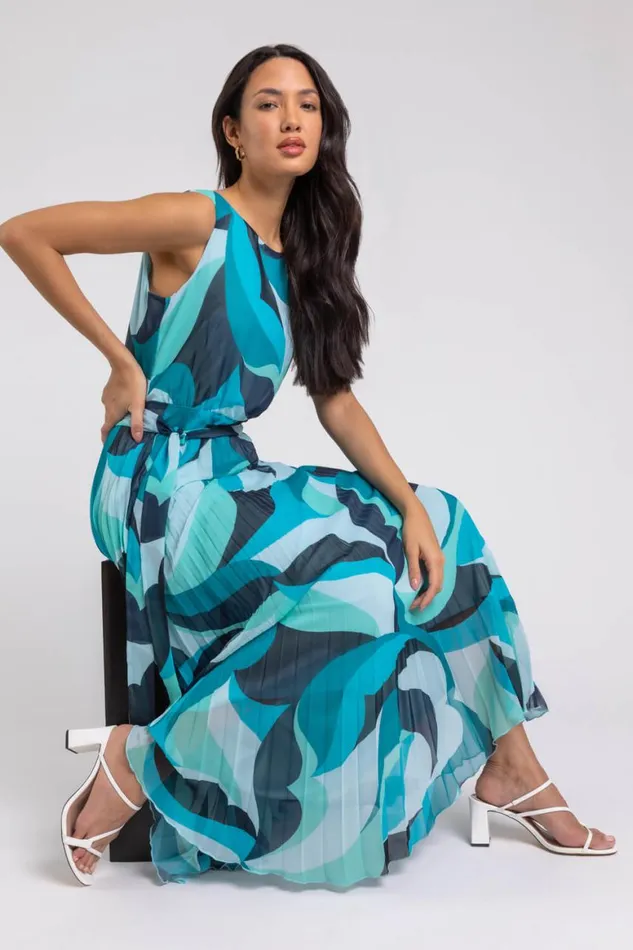 Women Turquoise Abstract Print Pleated Chiffon Maxi Dress Roman Dresses