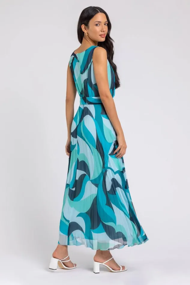 Women Turquoise Abstract Print Pleated Chiffon Maxi Dress Roman Dresses