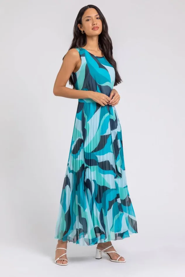 Women Turquoise Abstract Print Pleated Chiffon Maxi Dress Roman Dresses