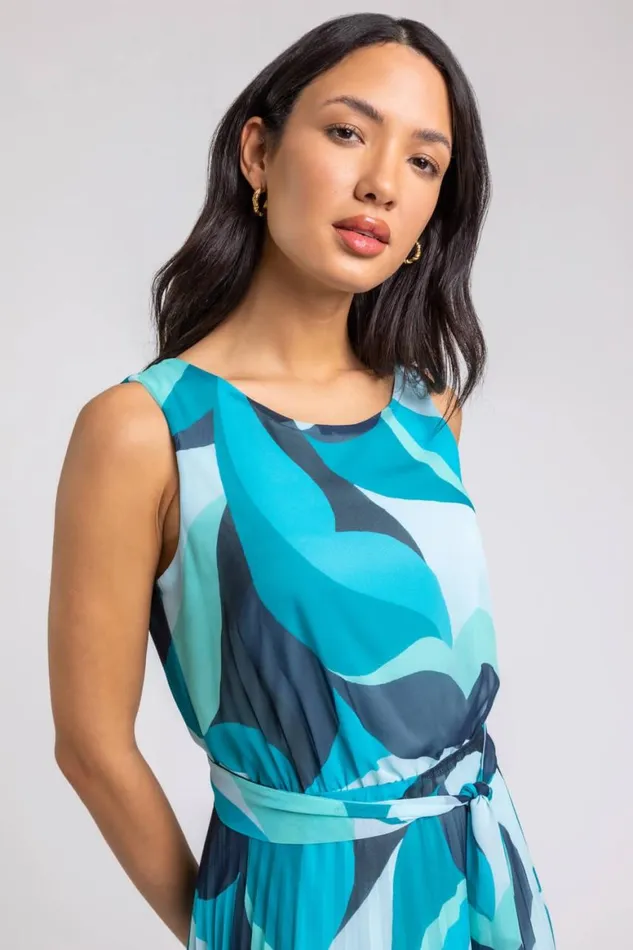 Women Turquoise Abstract Print Pleated Chiffon Maxi Dress Roman Dresses