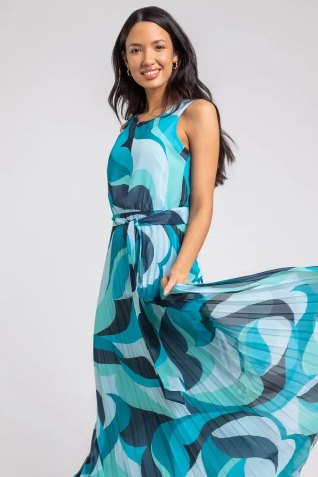 Women Turquoise Abstract Print Pleated Chiffon Maxi Dress Roman Dresses