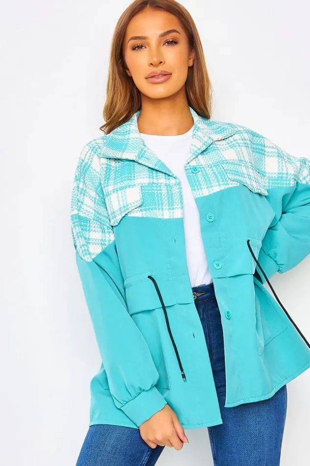Women Turquoise And White Adjustable TwoMaterial Overshirt Blue Brentiny Paris Jackets