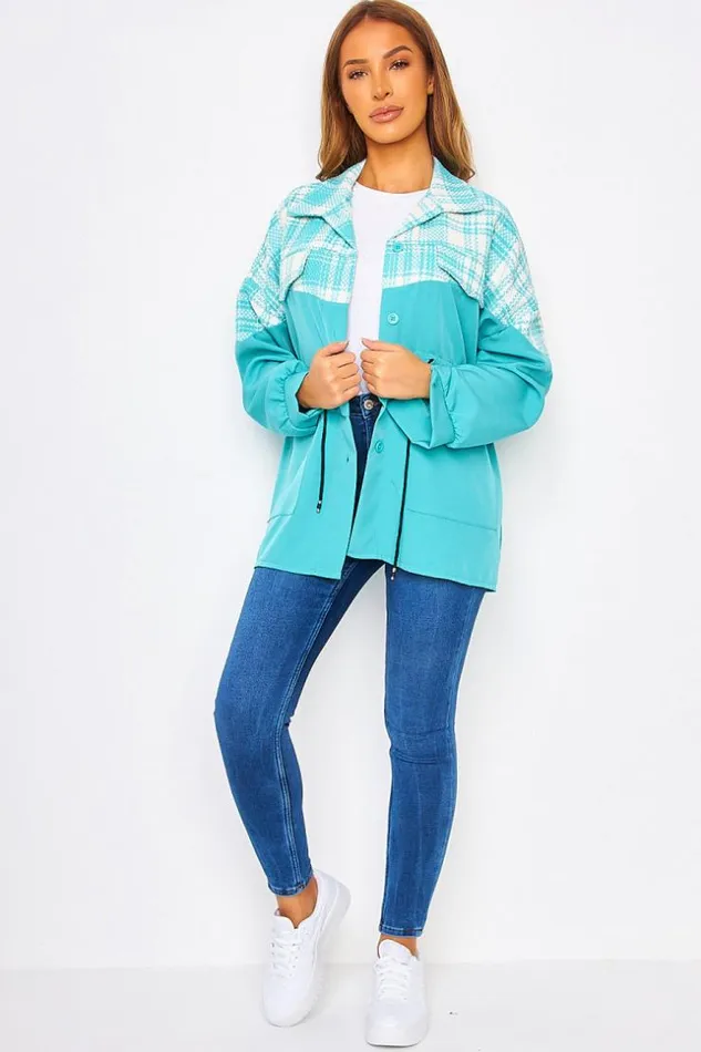 Women Turquoise And White Adjustable TwoMaterial Overshirt Blue Brentiny Paris Jackets Women Turquoise And White Adjustable TwoMaterial Overshirt Blue Brentiny Paris Jackets