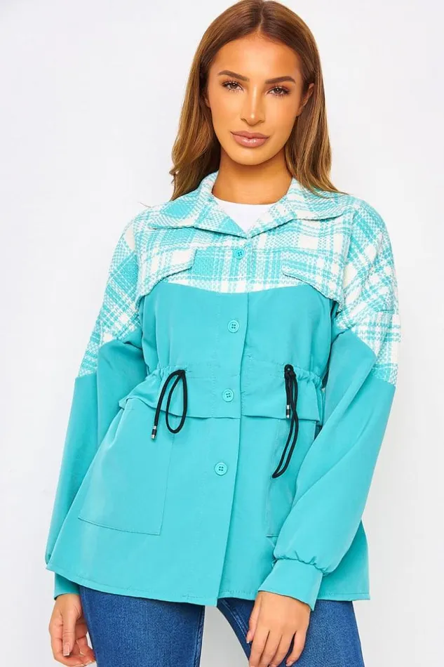 Women Turquoise And White Adjustable TwoMaterial Overshirt Blue Brentiny Paris Jackets Women Turquoise And White Adjustable TwoMaterial Overshirt Blue Brentiny Paris Jackets