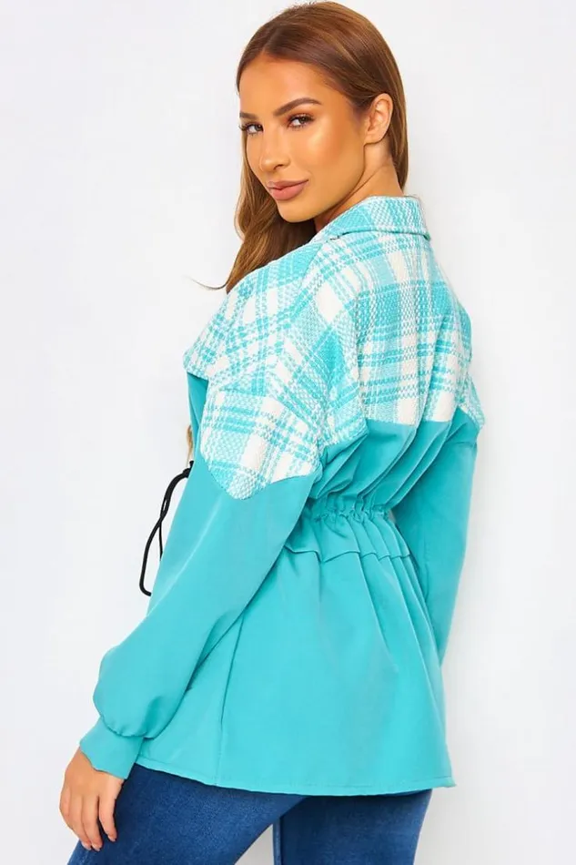 Women Turquoise And White Adjustable TwoMaterial Overshirt Blue Brentiny Paris Jackets Women Turquoise And White Adjustable TwoMaterial Overshirt Blue Brentiny Paris Jackets