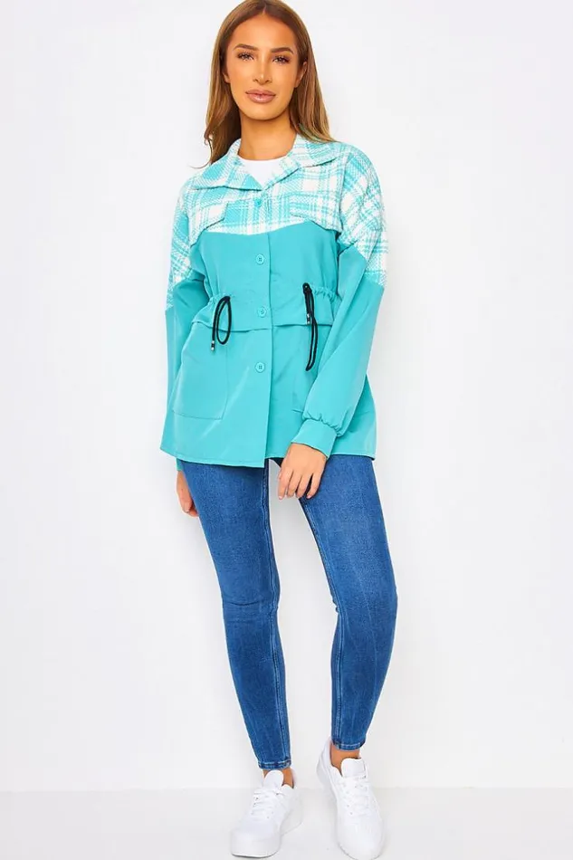 Women Turquoise And White Adjustable TwoMaterial Overshirt Blue Brentiny Paris Jackets Women Turquoise And White Adjustable TwoMaterial Overshirt Blue Brentiny Paris Jackets