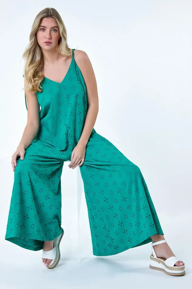 Women Turquoise Cotton Broderie Pocket Wide Leg Jumpsuit Roman Dresses