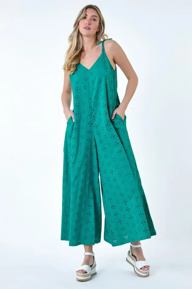Women Turquoise Cotton Broderie Pocket Wide Leg Jumpsuit Roman Dresses