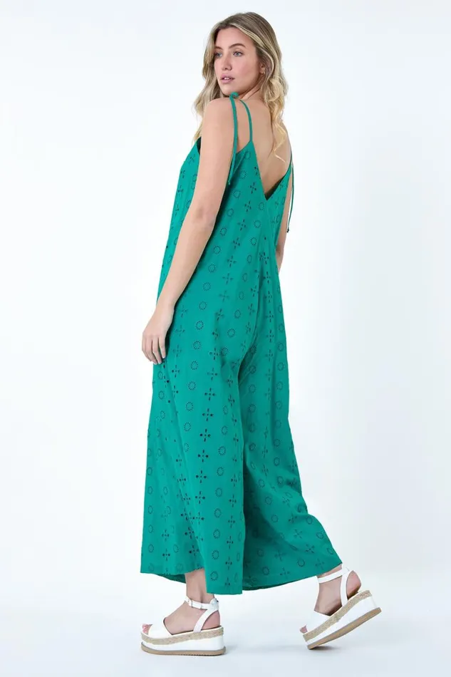 Women Turquoise Cotton Broderie Pocket Wide Leg Jumpsuit Roman Dresses