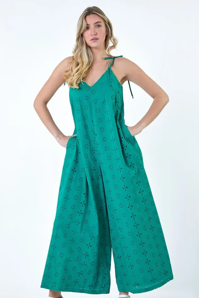 Women Turquoise Cotton Broderie Pocket Wide Leg Jumpsuit Roman Dresses