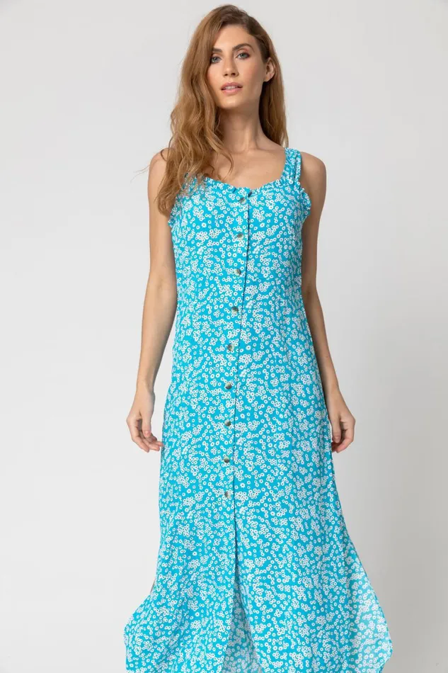 Women Turquoise Ditsy Floral Button Through Dress Roman Dresses