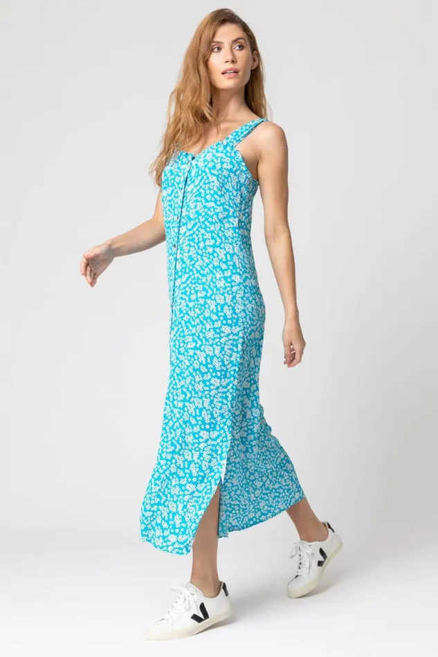 Women Turquoise Ditsy Floral Button Through Dress Roman Dresses