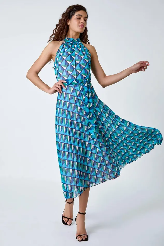 Women Turquoise Geometric Halterneck Midi Dress Roman Dresses