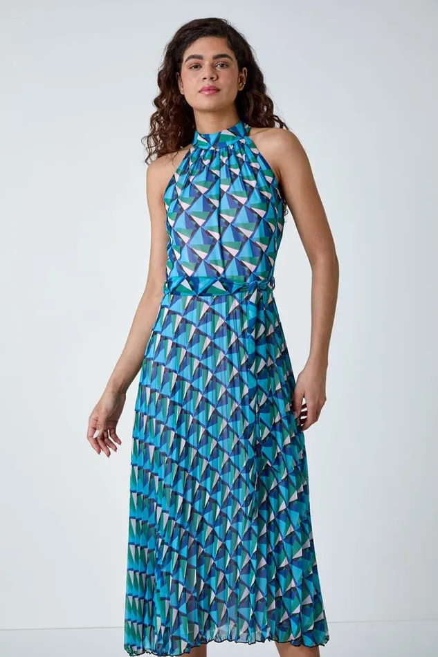 Women Turquoise Geometric Halterneck Midi Dress Roman Dresses