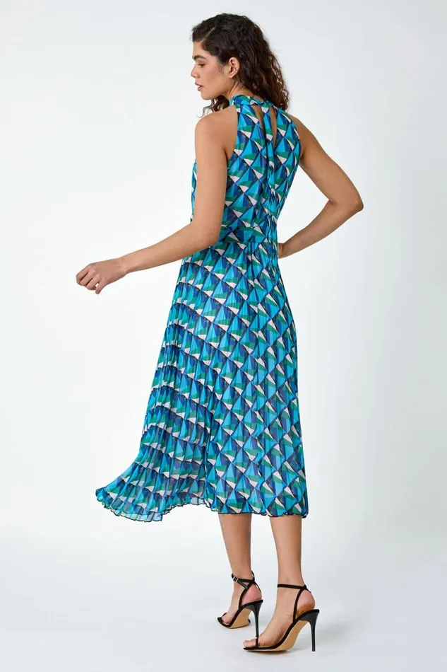 Women Turquoise Geometric Halterneck Midi Dress Roman Dresses