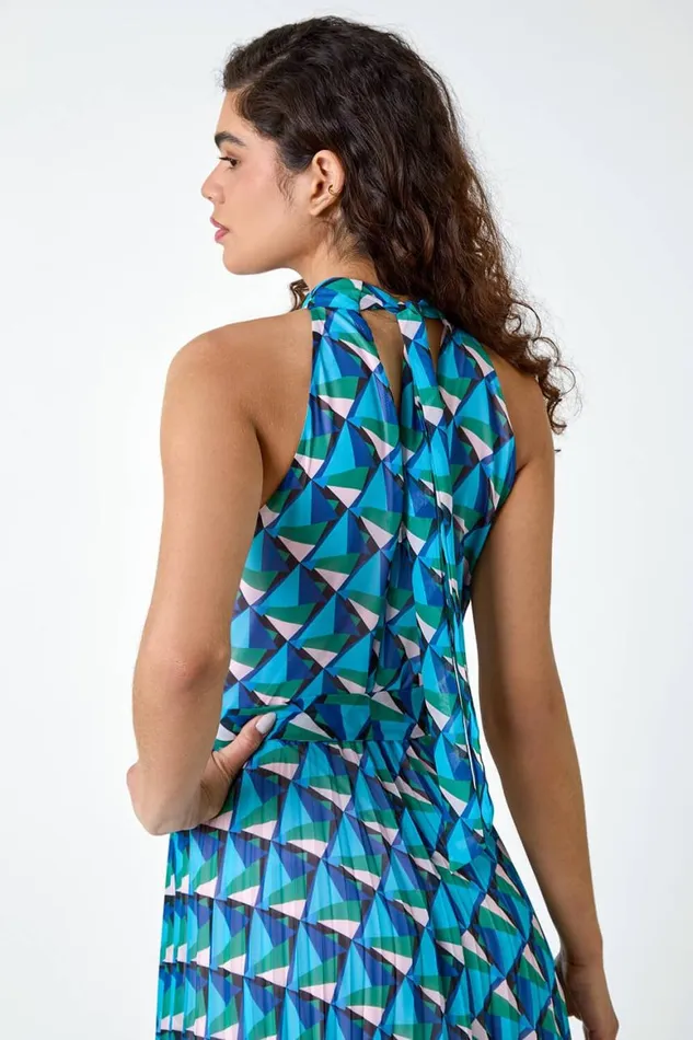 Women Turquoise Geometric Halterneck Midi Dress Roman Dresses