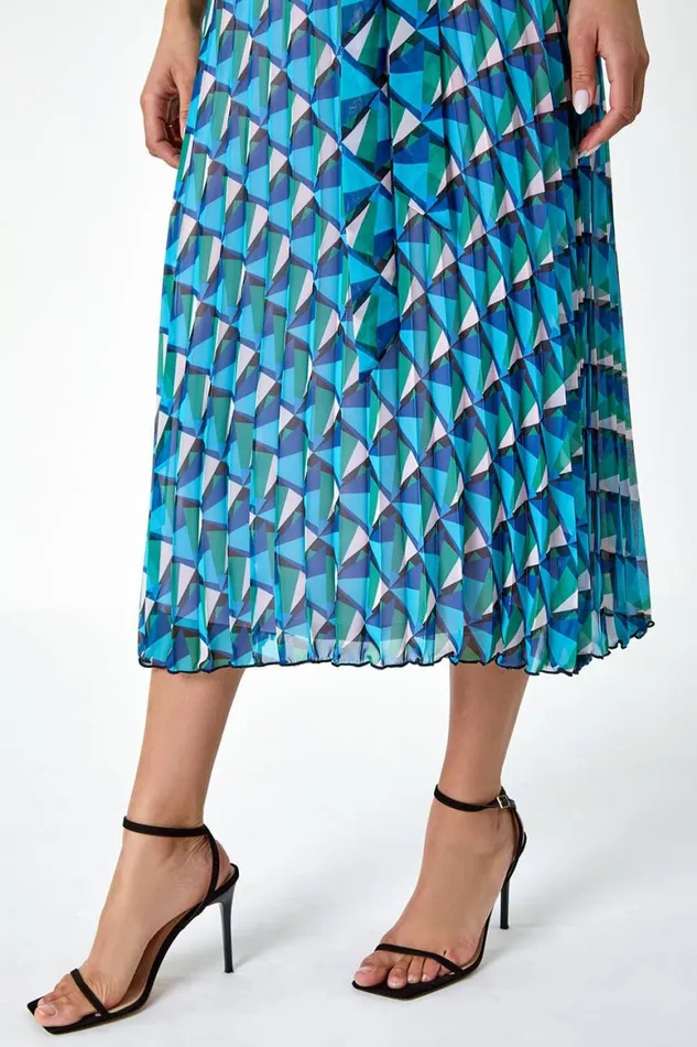 Women Turquoise Geometric Halterneck Midi Dress Roman Dresses