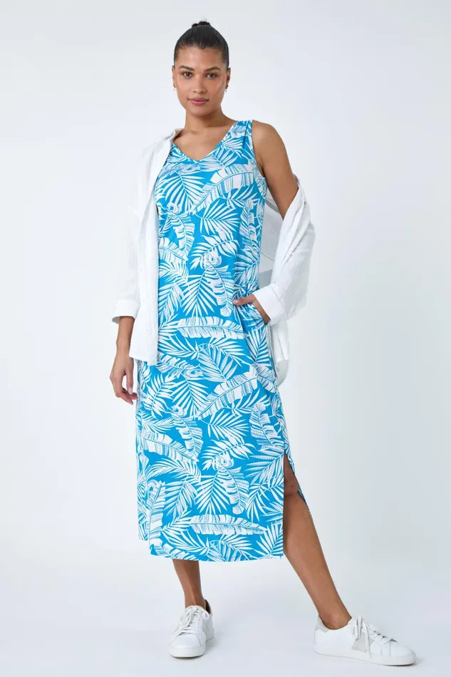 Women Turquoise Leaf Print Stretch Midi Dress Roman Dresses