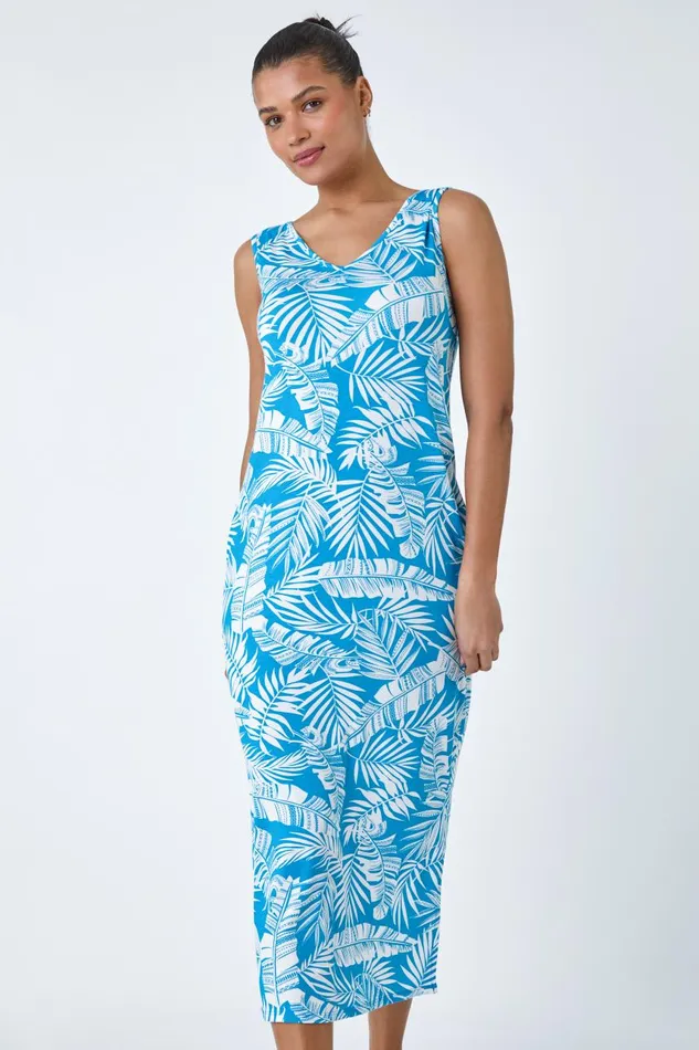 Women Turquoise Leaf Print Stretch Midi Dress Roman Dresses