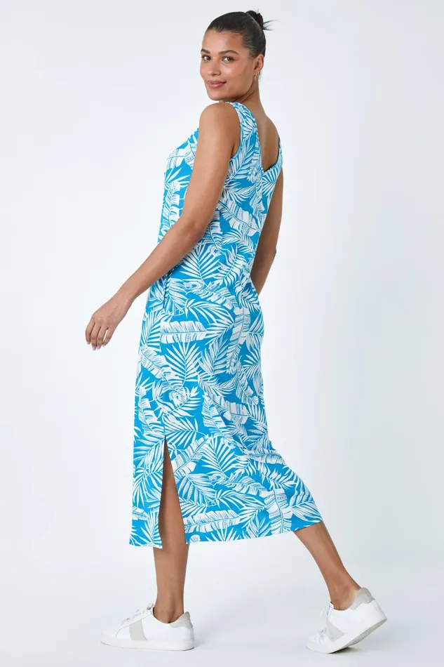 Women Turquoise Leaf Print Stretch Midi Dress Roman Dresses