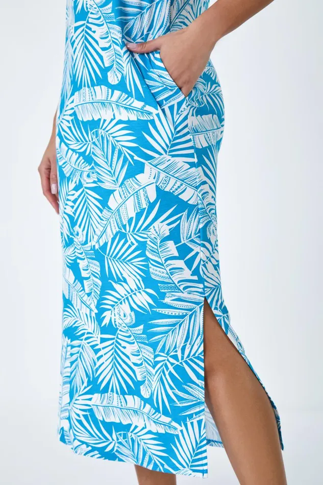 Women Turquoise Leaf Print Stretch Midi Dress Roman Dresses