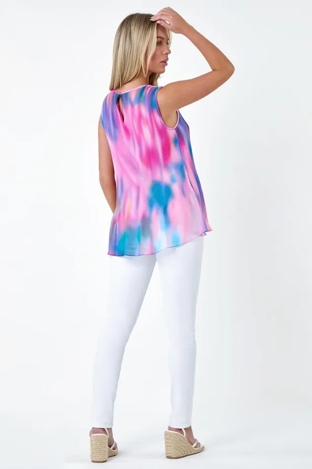 Women Turquoise Petite Abstract Pleated Vest Top Roman Tops