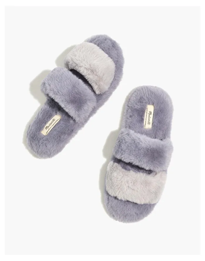Women Two Strap Scuff Slippers In Recycled Faux Fur Dusty Pool Multi Madewell Slippers